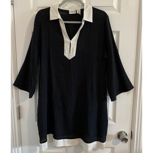 New Rachel Zoe Women  Dress L Linen Rayon Mini Shift Black White 3/4 Sleeve